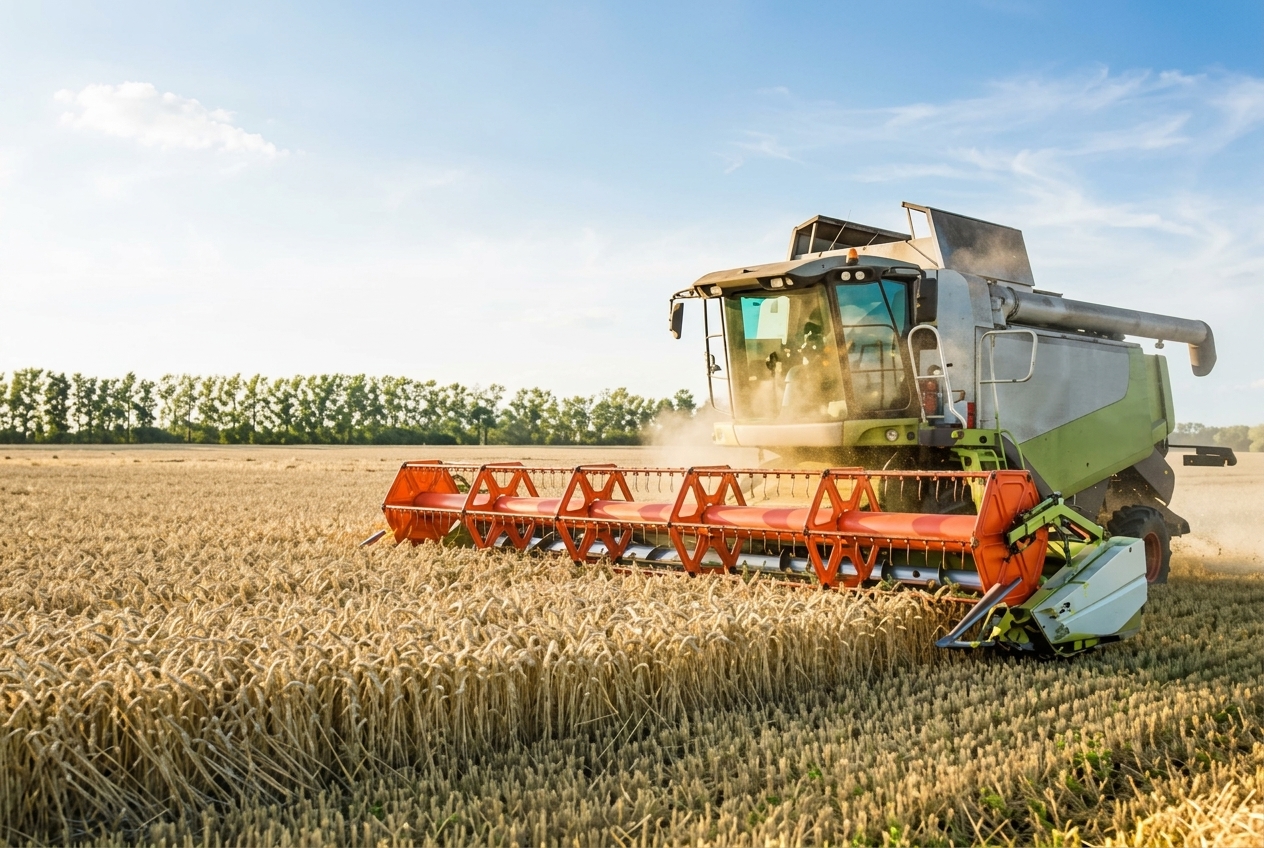 A combine harvester working in a golden field — operations captured by Harvest WebOn